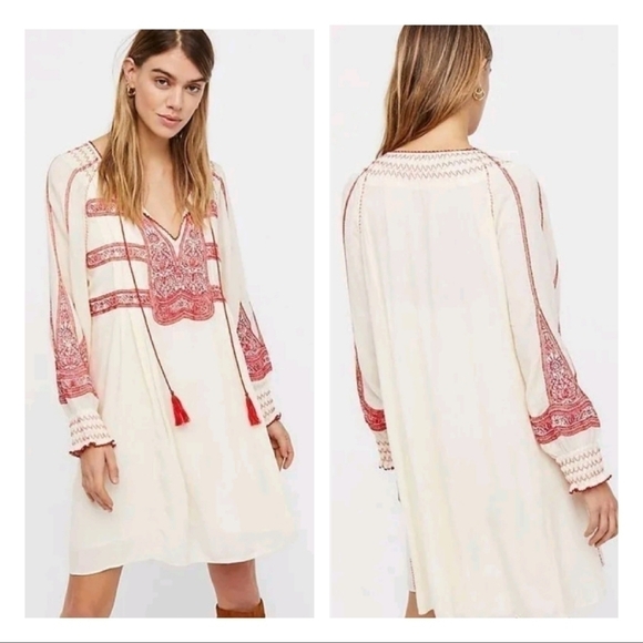 New FREE PEOPLE WIND WILLOW Embroidered  Bohemian Mini Peasant Dress - Picture 1 of 10
